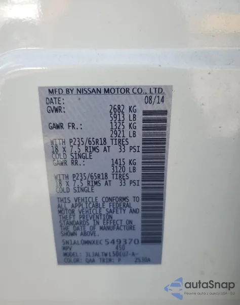 2014 Infiniti Qx60 из США, поврежденный, VIN 5N1AL0MNXEC549370